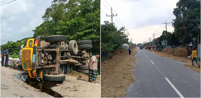 নবীনগর-রাধিকা মহাসড়কে ট্রাক উল্টে লণ্ডভণ্ড: আহত ২